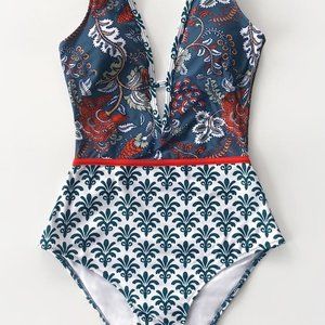 BLUE PRINT PLUNGING NECKLINE ONE-PIECE SWIMSUIT